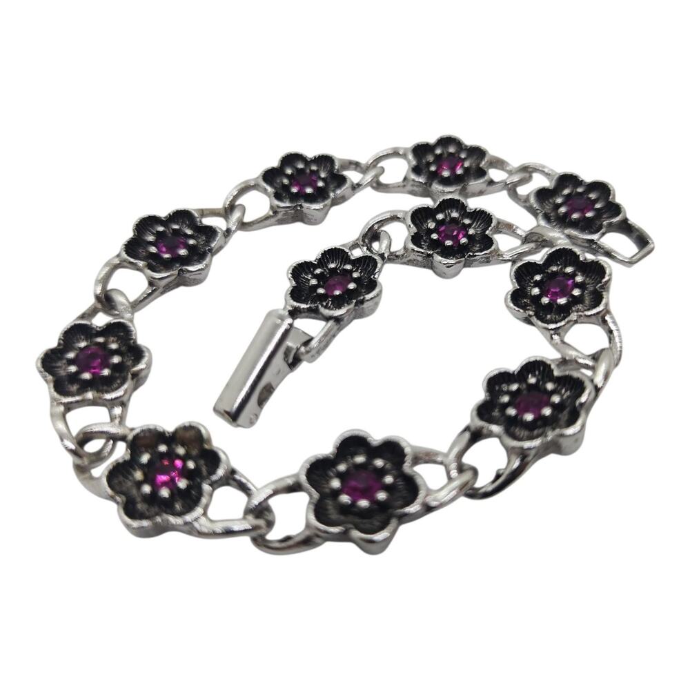 Vintage Avon Floral Link Bracelet Silver Tone Purple Rhinestone Flower 7.5"